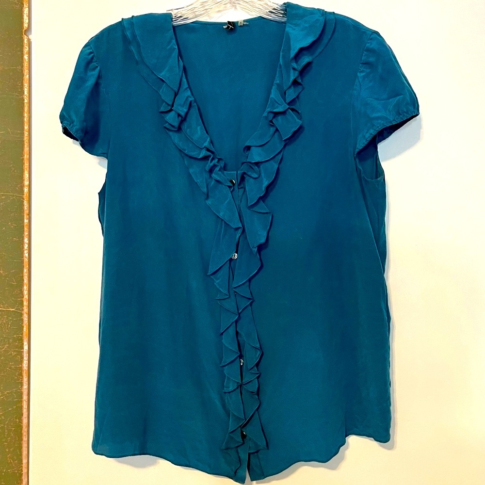 Elie Tahari 100% Silk Teal Ruffle Short Sleeve Button-up Blouse